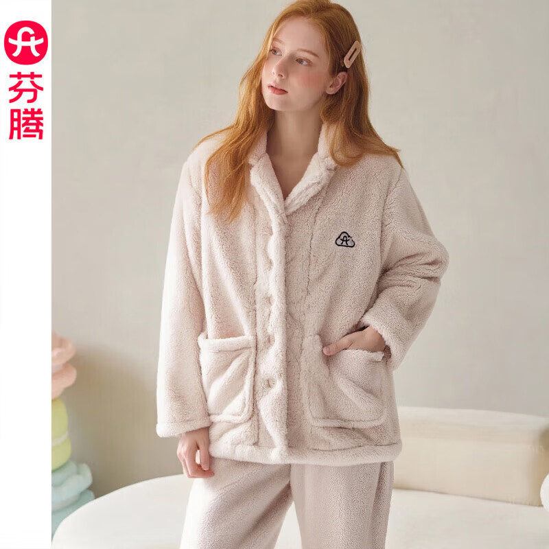 芬腾珊瑚绒睡衣男女士秋冬季套装保暖法兰绒加绒加厚休闲家居服冬天 FJ26940692杏色 【单女款】 XL 建议:女124-142,男146-165斤