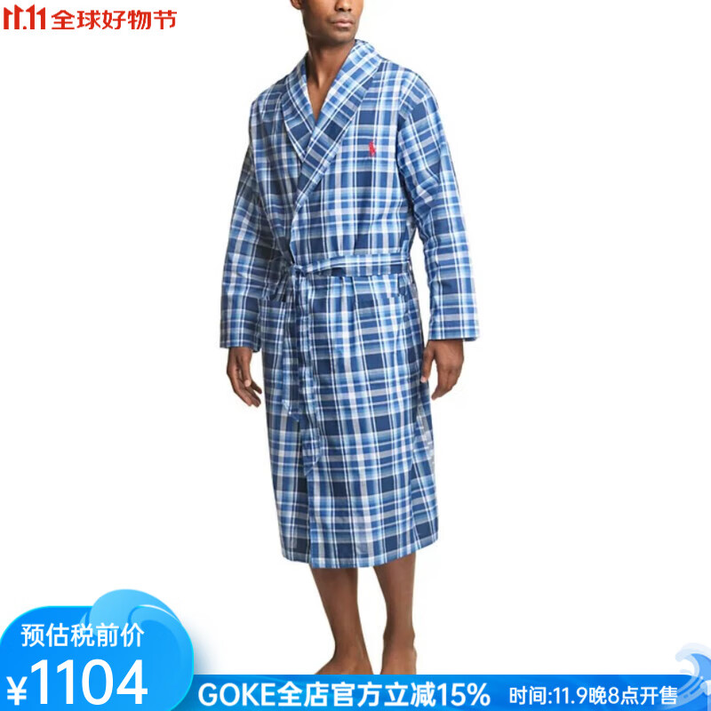 拉夫勞倫（Ralph lauren）睡袍家居服格紋棉時(shí)尚藍色格紋睡衣男士國際浴袍2025年新款 藍色 時(shí)尚輕奢男裝上衣 S M 小碼/中碼