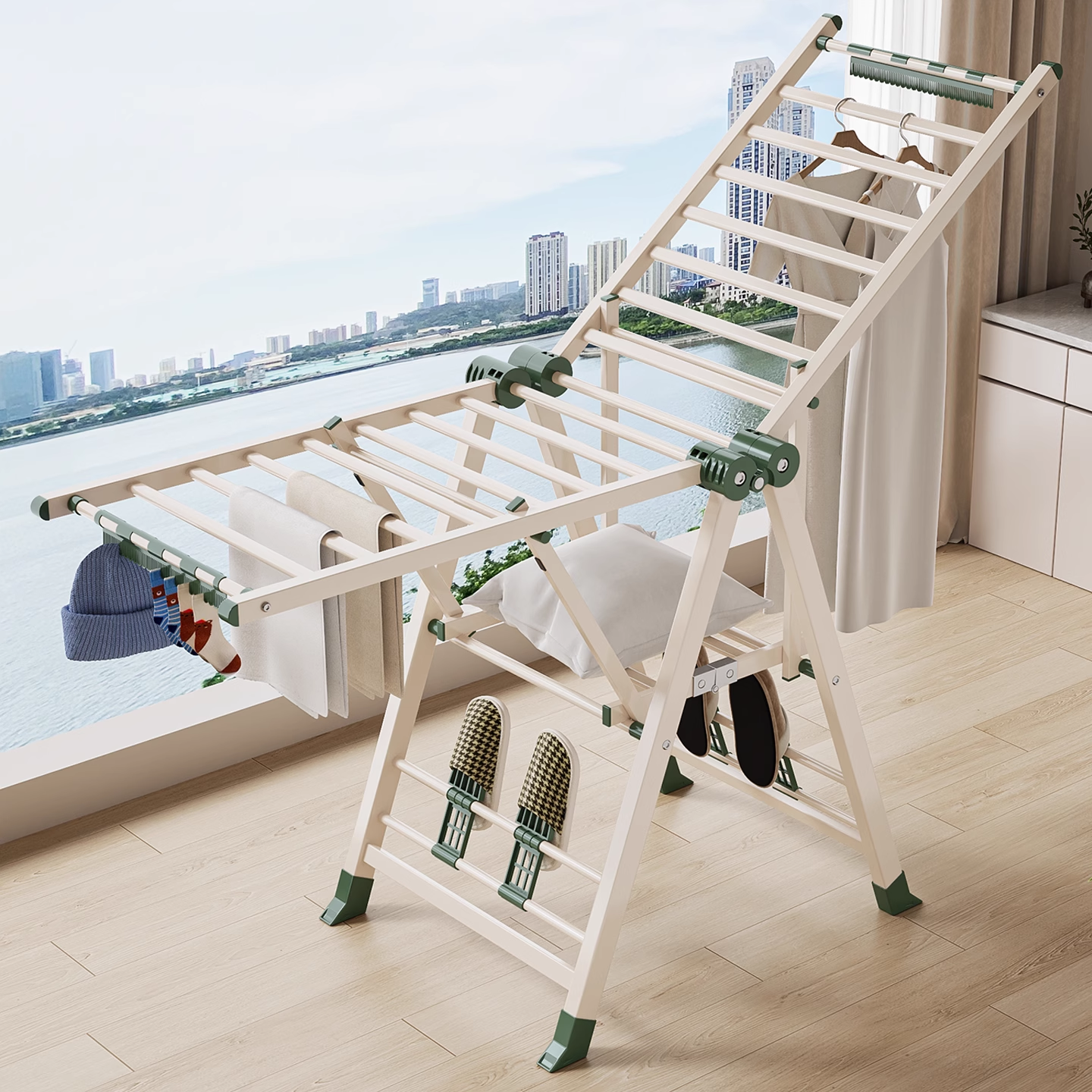 衣炫晾衣架落地家用阳台折叠奶油风婴儿凉衣杆室内外挂衣杆晒被子神器 免安装【1.4米双轴/加宽加高】+马蹄脚