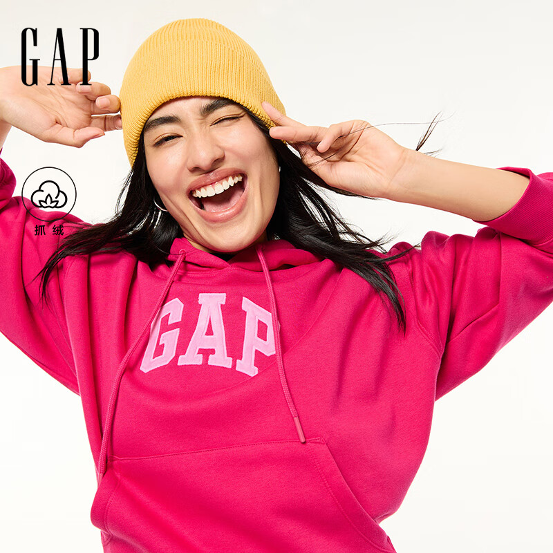 GAP女装春款logo贴布绣抓绒宽松套头连帽衫卫衣792505 玫红色 M (165/88A)亚洲尺码【偏大,建议拍小一码】