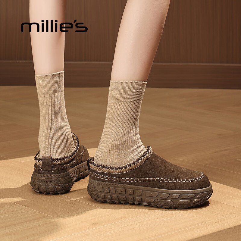 妙丽（Millies）勃肯鞋女厚底加绒复古时尚一脚蹬2025冬季新款百搭包头半拖鞋 咖色 36 (230mm) 标准码