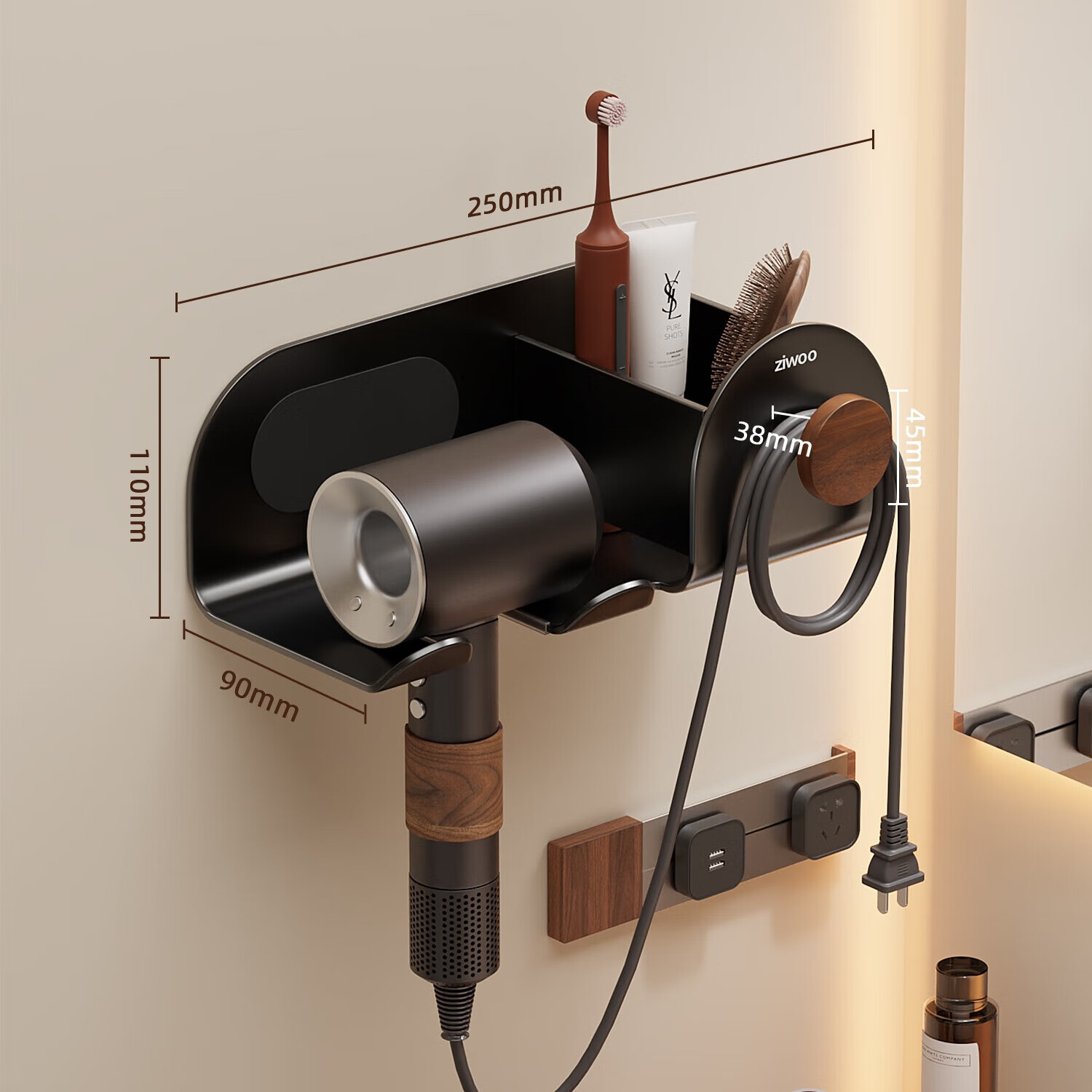 妃驰牙刷置物架浴室壁挂式免打孔卫生间洗手台漱口杯吹风机一体收纳架 吹风机架