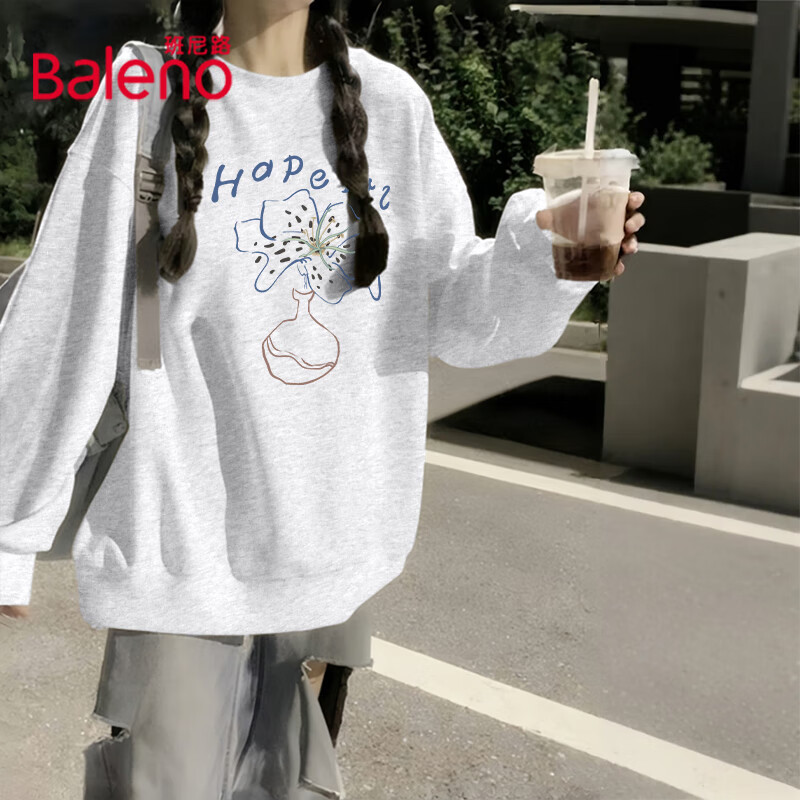 班尼路卫衣女装圆领长袖女2026春秋季新款潮流宽松内搭秋装高级感上衣服 浅花灰#BL蓝棕涂鸦花 L