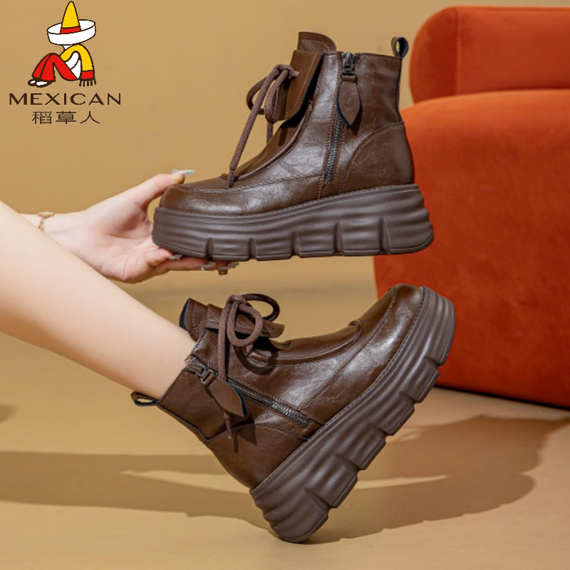 稻草人（MEXICAN）真皮复古厚底增高马丁靴女2026秋冬新款松糕软底加绒保暖休闲短靴 棕色单里 36