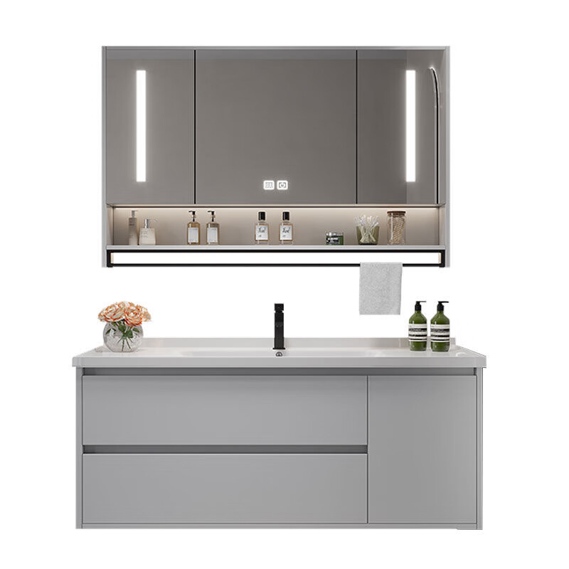 九牧(JOMOO)官方旗舰浴室柜陶瓷一体盆洗手洗脸台盆柜组合卫生间卫浴柜洗漱台 120cm铁灰+陶瓷盆+智能镜柜