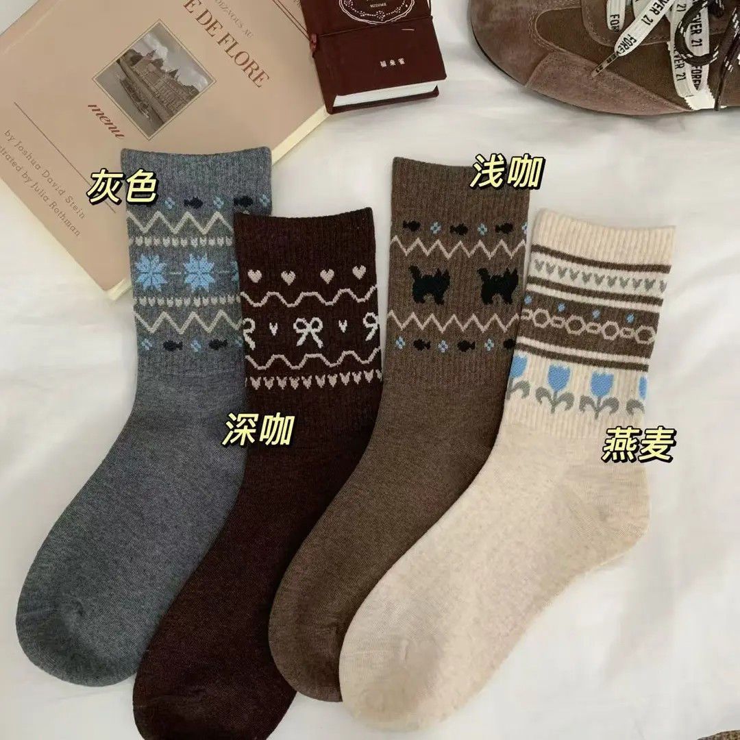 欧蓝薇雅（OULANWEIYA）袜子女中筒袜秋冬款民族风复古提花休闲百搭潮袜学生少女士长筒袜 颜色混搭 8双 均码