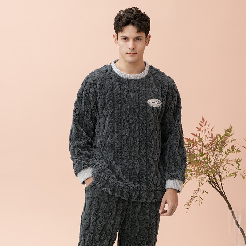 玛伦萨（manza）睡衣男秋冬季新款圆领双面绒加厚保暖可外穿男士家居服套装 黑色 3XL