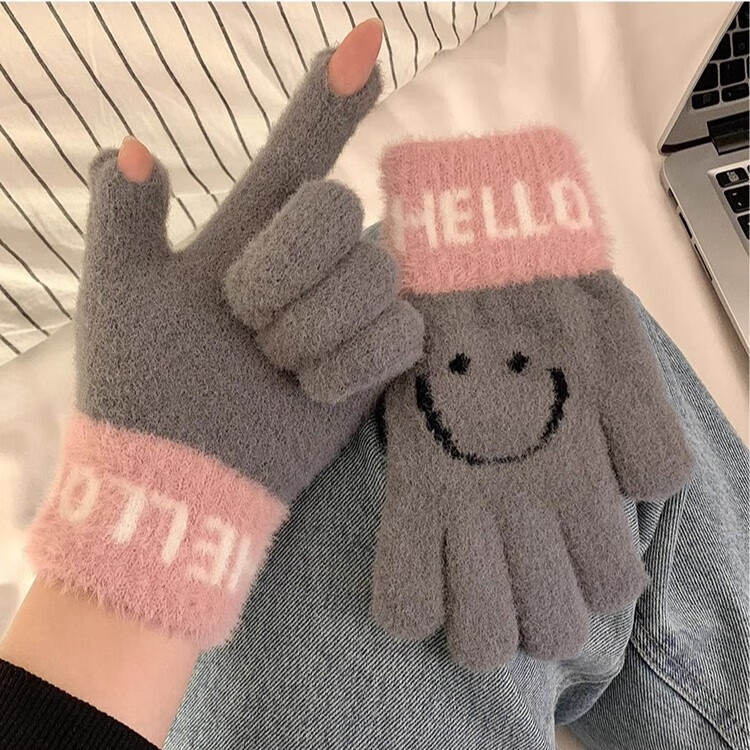 朋意保暖手套女士冬季可触屏毛绒笑脸露指加绒可爱五指学生骑车防寒风 黑色-1双 均码