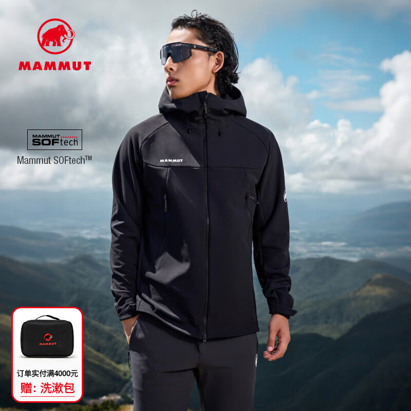 猛犸象（MAMMUT）Winterfield 男士户外防风防泼水抓绒舒适连帽软壳夹克外套 黑色 L