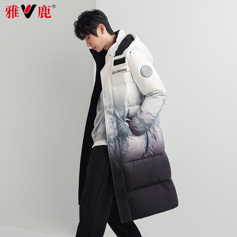 雅鹿羽绒服男女2025冬季新款迷彩加厚连帽保暖鸭绒长款时尚外套潮Q 渐变花色男款 M 170 推荐125-145斤