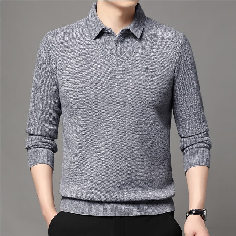 YOUNVFR男士假两件雪尼尔保暖T恤中年加绒加厚一体绒毛衣打底衫 灰色 XL