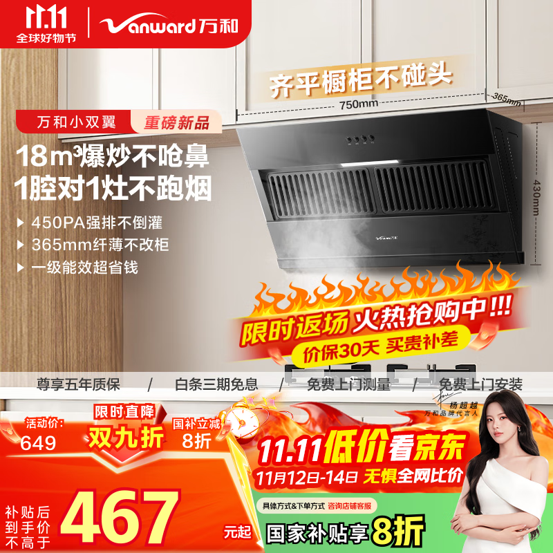 万和（Vanward）【小双翼XJ330·1腔对1灶】侧吸抽排油烟机家用18风量大吸力小尺寸出租房一级能效家电国家补贴20%