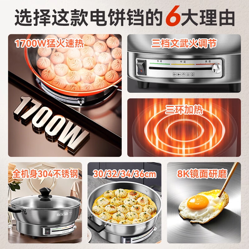 半球(PESKOE)电饼铛家用小型电煎锅煎烙饼锅家庭用电火锅煎饼锅电煮锅煎烤机304不锈钢无涂层80mm加深加大 【8CM加深款-整机不锈钢】32CM单蒸笼