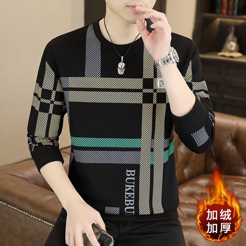 【2025新款】卫衣男秋冬季潮流修身加绒加厚保暖圆领长袖卫衣yzj 黑色 （加绒加厚） XL （建议135-150斤）