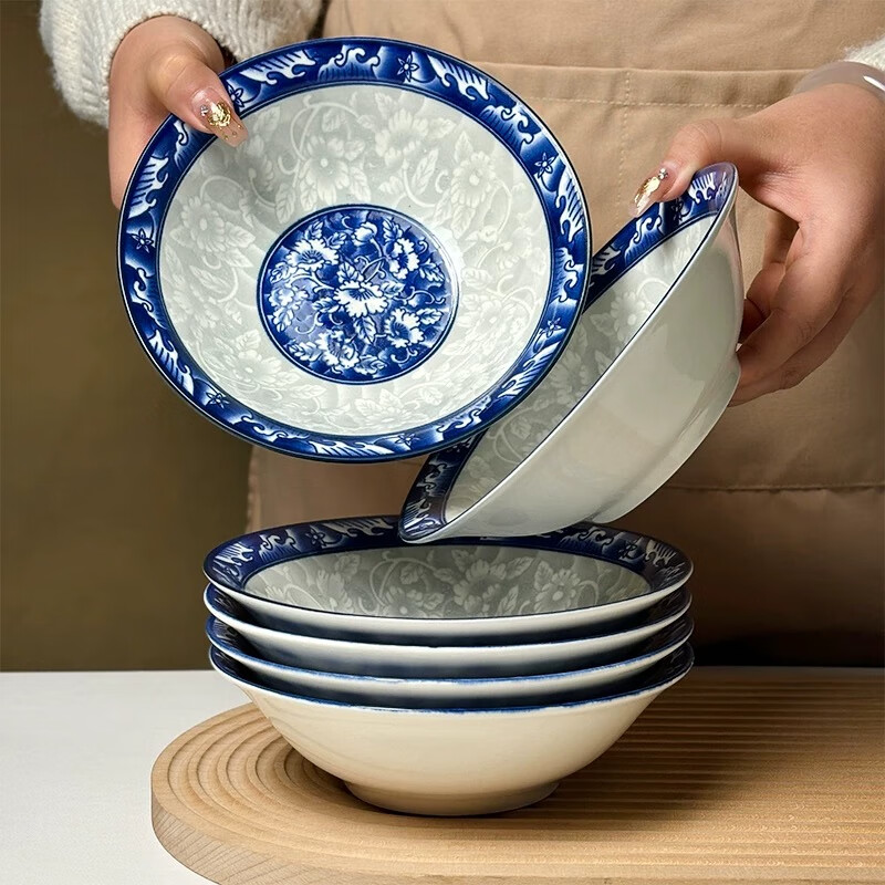 想迦4只青花瓷8英寸斗碗家用陶瓷餐具面碗汤碗中式陶瓷餐具 4只青花瓷8英寸斗碗