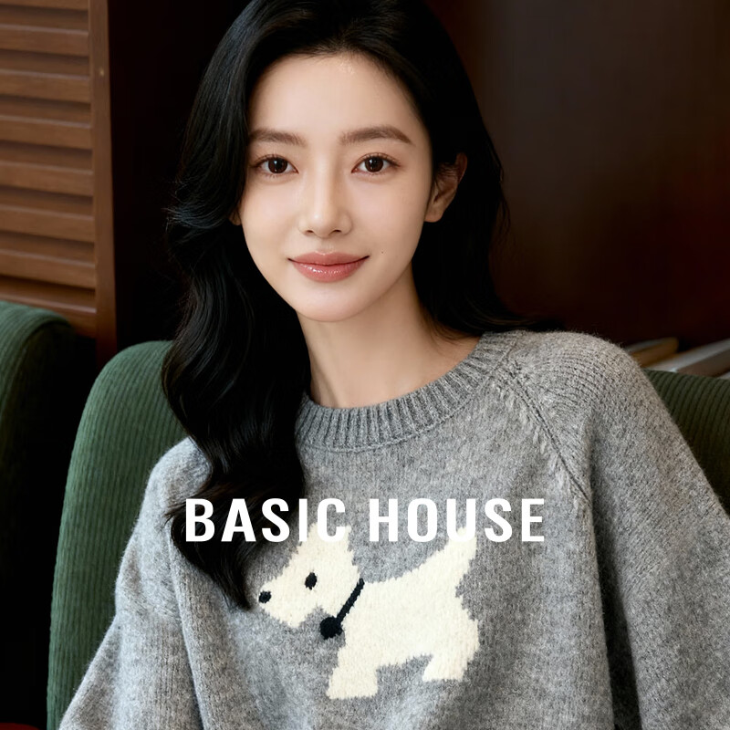 百家好（Basic House）Basic House/百家好灰色小狗提花毛衣女冬季圆领萌趣减龄保暖上衣 灰色 S