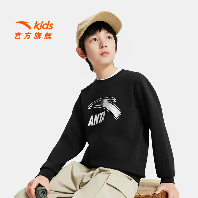 安踏儿童卫衣男女童针织套头衫25年冬季加绒保暖字母印花舒适圆领卫衣 【25年款-不加绒版】基础黑-1 170