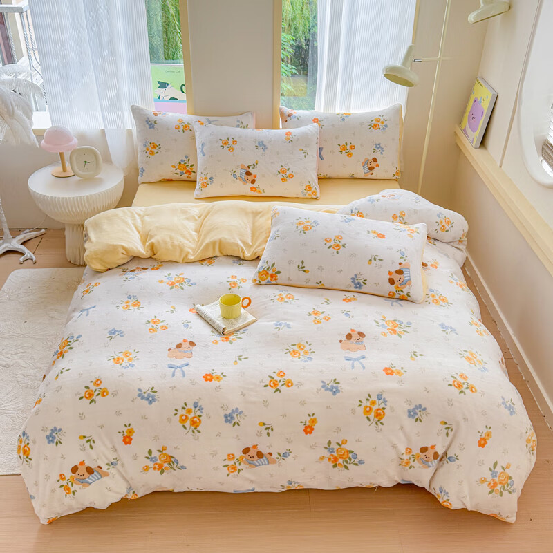 伊路卡新款牛奶绒四件套秋冬季保暖珊瑚绒床上用品儿童被套床单 布布萌宠 1.8米床 四件套 床单款 （被套200*230cm）