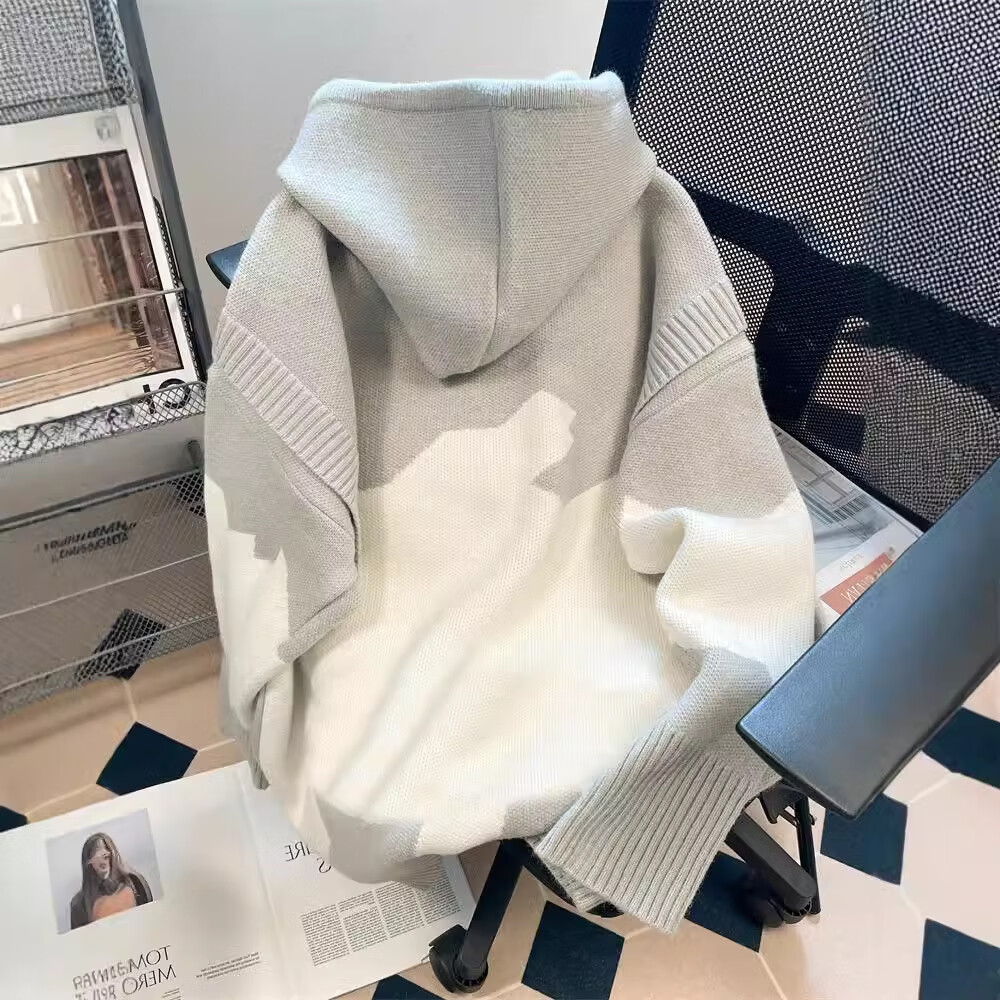 美式设计感小众撞色连帽针织卫衣男女潮牌vintage假两件毛衣外套 灰色 2XL