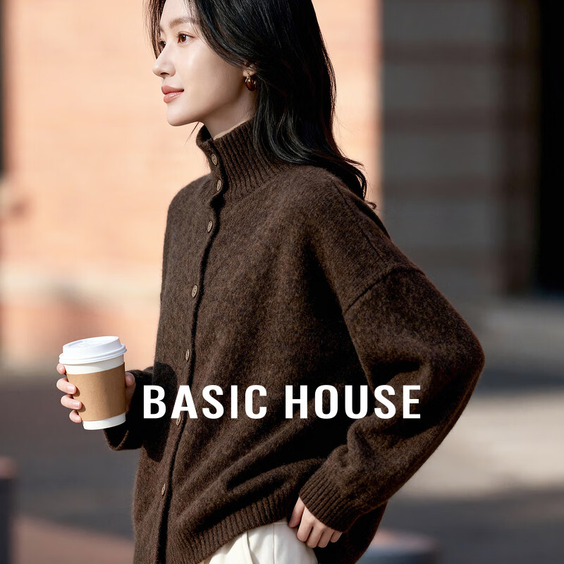 百家好（Basic House）Basic House/百家好复古咖啡色高领针织开衫女冬慵懒风单排扣上衣 咖啡色 M