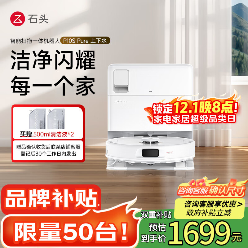 石头（roborock）扫地机器人P10S Pure扫拖一体自动清洗 全自动上下水版 洗地机烘干智能拖地【国家补贴】A1220RR