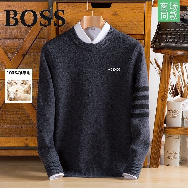 BOSS德国100新款加厚羊毛衫男士圆领毛衣保暖中年打底针织衫 深灰色 S 165/84A