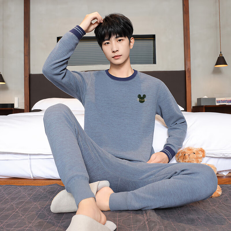 胖东来同款保暖内衣青少年天鹅绒加厚保暖内衣男士套装可以穿在外 8103青灰蓝-熊头 M 165 【80-100斤】