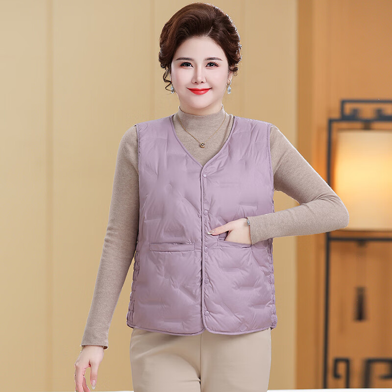 榄舍胖太太羽绒马甲女秋冬季新款内穿外搭保暖背心坎肩中老年妈妈马夹 浅紫色 5XL （建议160-180斤）
