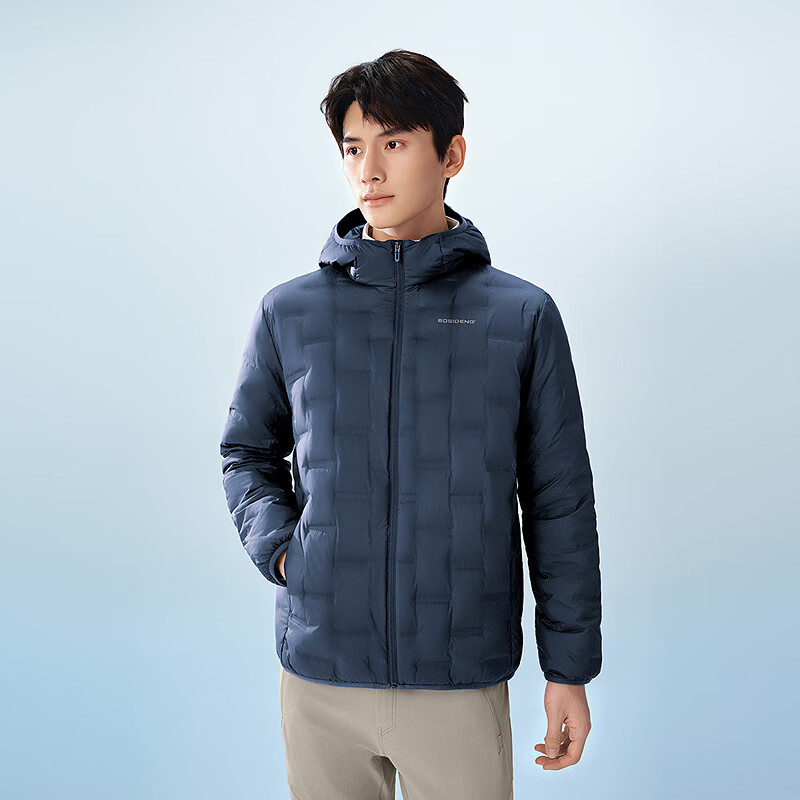波司登（BOSIDENG）【鹅绒】25春季新款男士连帽外套保暖轻薄羽绒服不跑绒简约 冰池蓝5942_【复古】 S 165_88A_【体重约120斤以内】