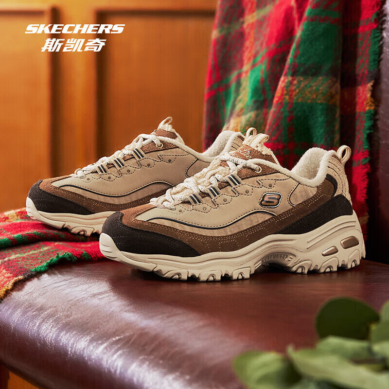 斯凯奇（Skechers）卷毛熊丨2024年秋冬新款女鞋复古加绒保暖厚底增高休闲运动老爹鞋 焦糖板栗/BRMT 37