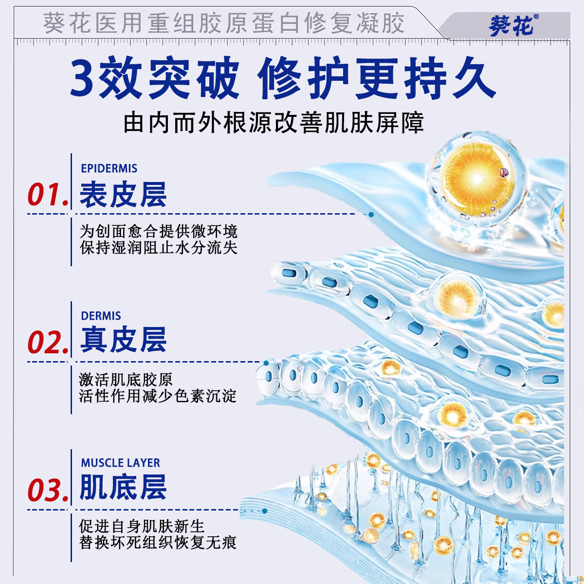葵花医用重组三型人源化胶原蛋白修护凝胶抬头法令纹口角囊袋修复专用 五盒装【告别细纹 皮肤细腻18岁】