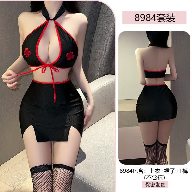 雨恋馨原创性感纯欲性感护士情趣内衣火辣角色扮演制服诱惑套装 黑色 均码