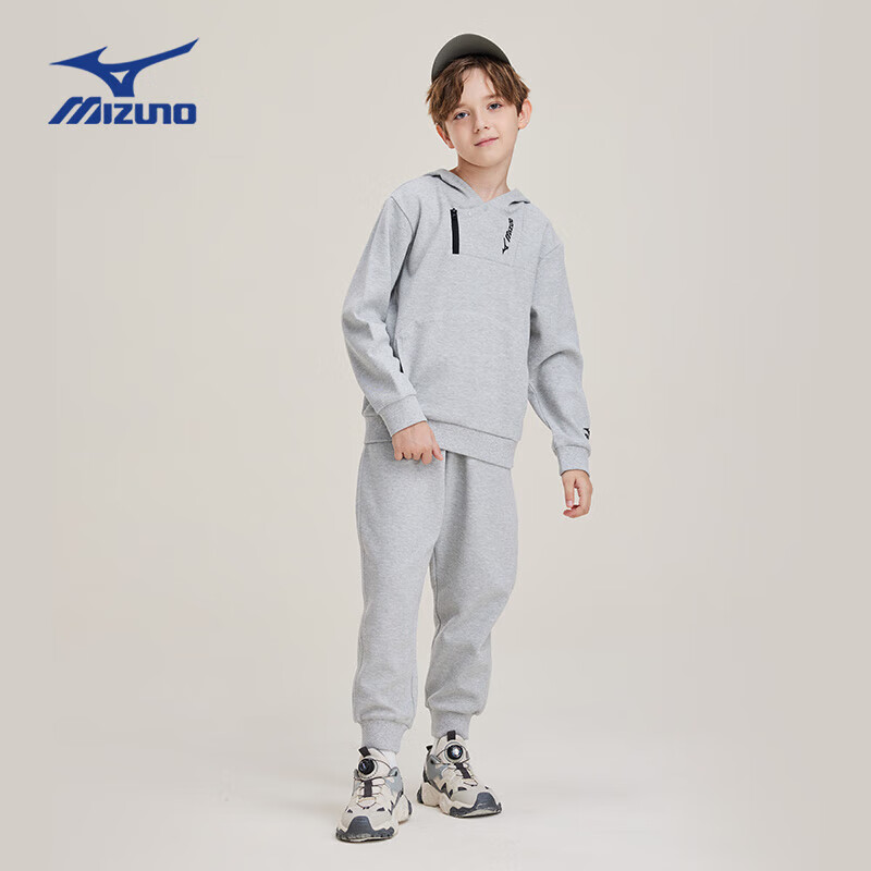 美津浓(MIZUNO)春秋新款男童长袖卫衣卫裤套装中大童连帽衫潮流户外运动 花灰色 120 cm