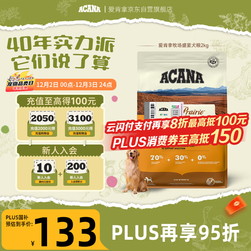 愛肯拿（ACANA）狗粮 全价通用 幼犬成犬牧场盛宴无谷高蛋白犬粮2kg 效期26/2