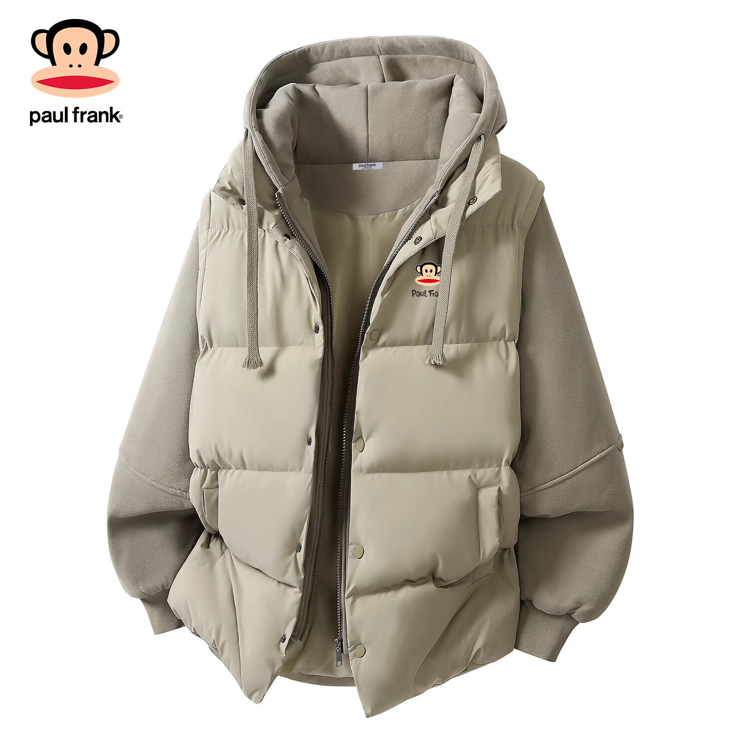 大嘴猴(paul frank)连帽情侣款棉服男士春季羽休闲加绒宽松保暖袄厚风大上衣外套服装 黑插咖色 【官方正品】 L 【建议120-140斤】
