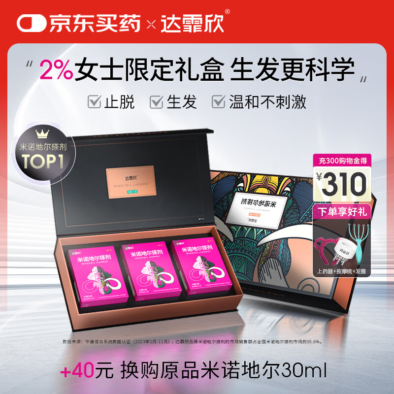 达霏欣 米诺地尔酊搽剂2%浓度60ml*3盒疗程装【温和低敏 女性礼盒装】脱发严重专用防脱生发育发发际线增长液洗发水脱发