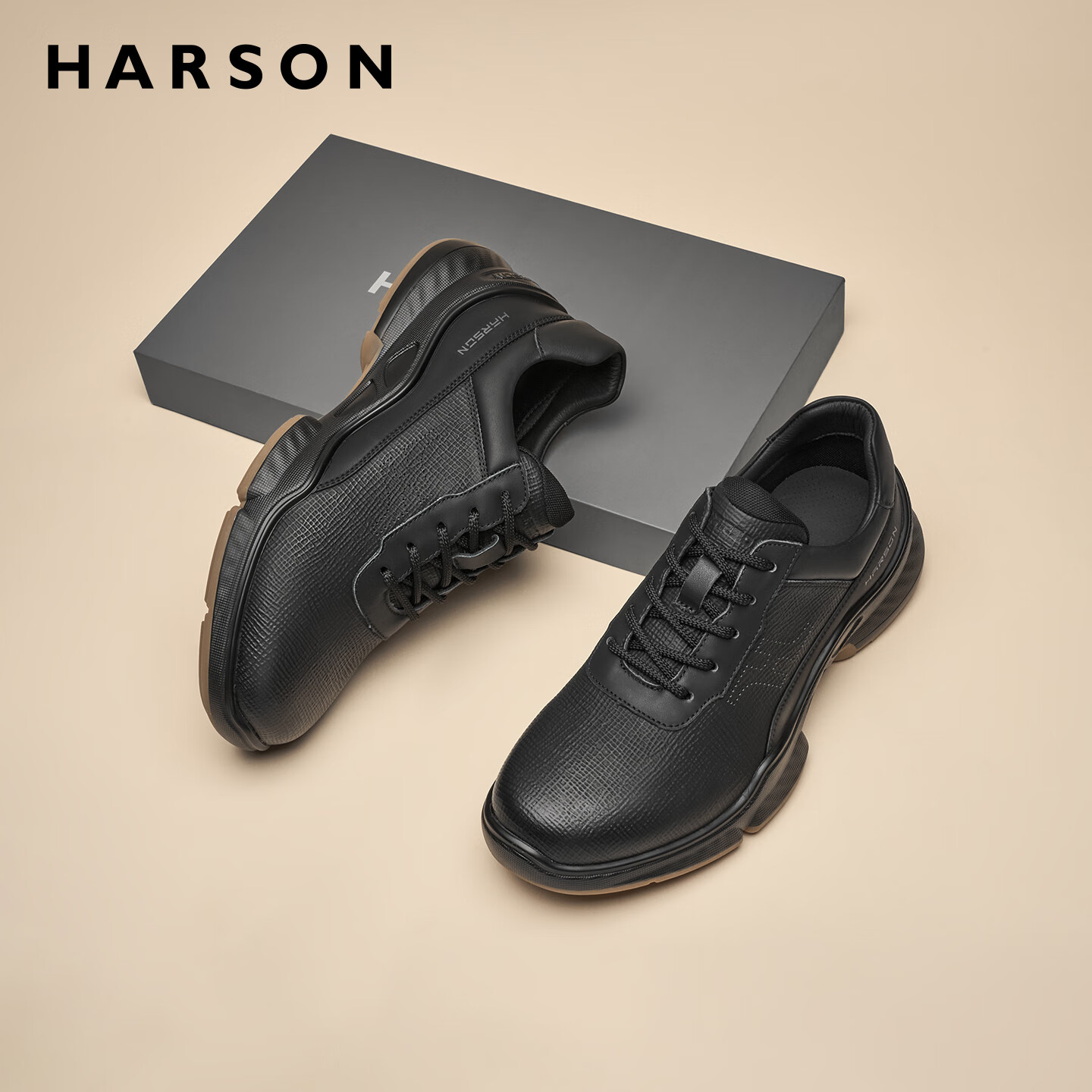 哈森（Harson）牛皮革男鞋秋冬运动皮鞋厚底商务休闲鞋公务通勤健步鞋2025年新款 黑色 41