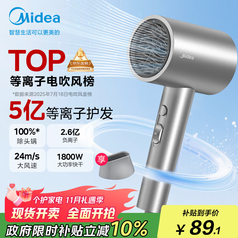 美的（Midea）5亿等离子护发电吹风 家用负离子吹风筒 1800W大功率便携吹风机FJ308银 国家补贴 节日/生日礼物