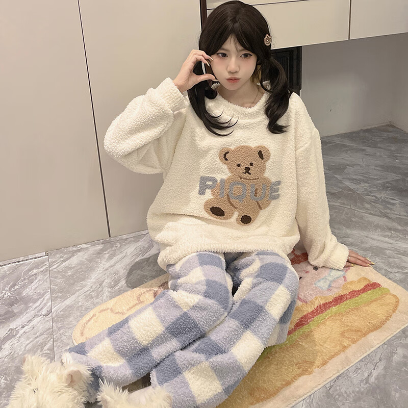 都市丽人半边绒女士睡衣女秋冬季2025新款加绒加厚家居服套装女睡衣可外穿 格子小熊 XL  （建议120-140斤）