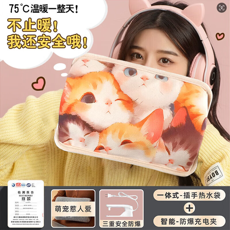 简尚恩国标热水袋充电热水袋暖宝宝防爆电暖手宝暖水袋毛绒可爱JTT 【双插手】熊猫-智能防爆-真国标 已注水