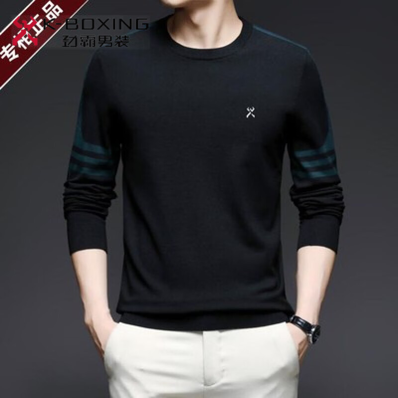 勁霸男裝（K-Boxing）男裝長(cháng)袖T恤男士羊毛衫加絨加厚冬季保暖圓領(lǐng)毛衣打底衫衛衣 黑色 4XL 190建議180-200斤