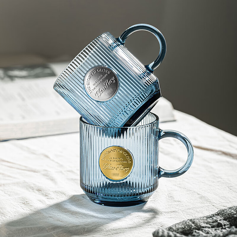 乐唯诗（LOVWISH）竖纹玻璃杯带把手喝水杯子ins高颜值咖啡杯家用泡茶杯加厚牛奶杯 墨蓝竖纹巴克杯【双色混装】330ml/2只