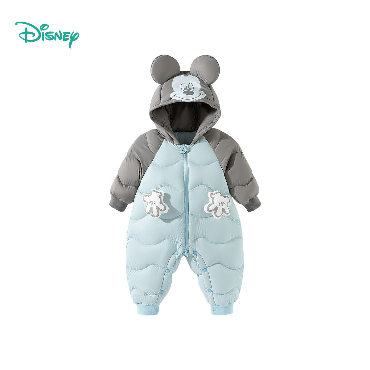 迪士尼（Disney）婴儿宝宝拼色可爱保暖90白鸭绒羽绒服连帽设计立体卡通连 蓝灰色 80 （建议9-15个月身高73-80cm)