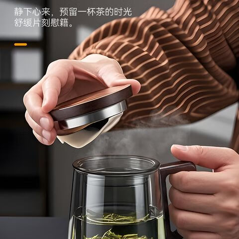 溥畔耐高温茶杯茶水分离杯个人专用泡茶玻璃杯男办公室带把家用水杯子 圆趣-透明色525ml 高硼硅