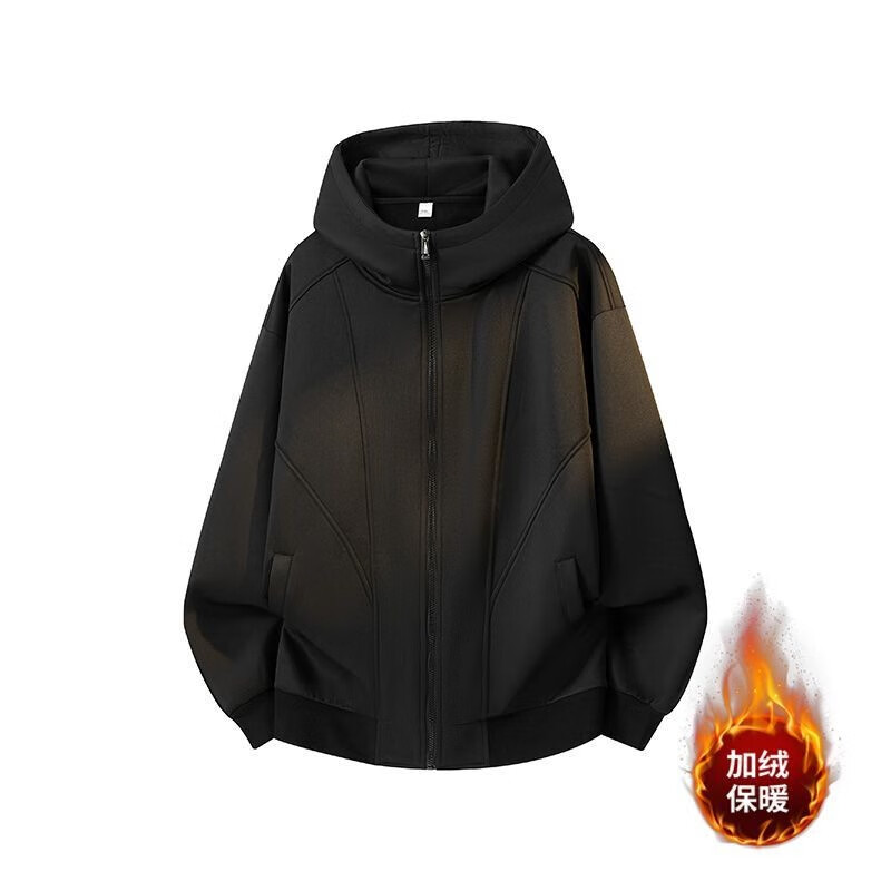 维路雅美式连帽加绒卫衣重磅男士2025新款男女休闲开衫情侣宽松潮流外套 黑色 均码 L