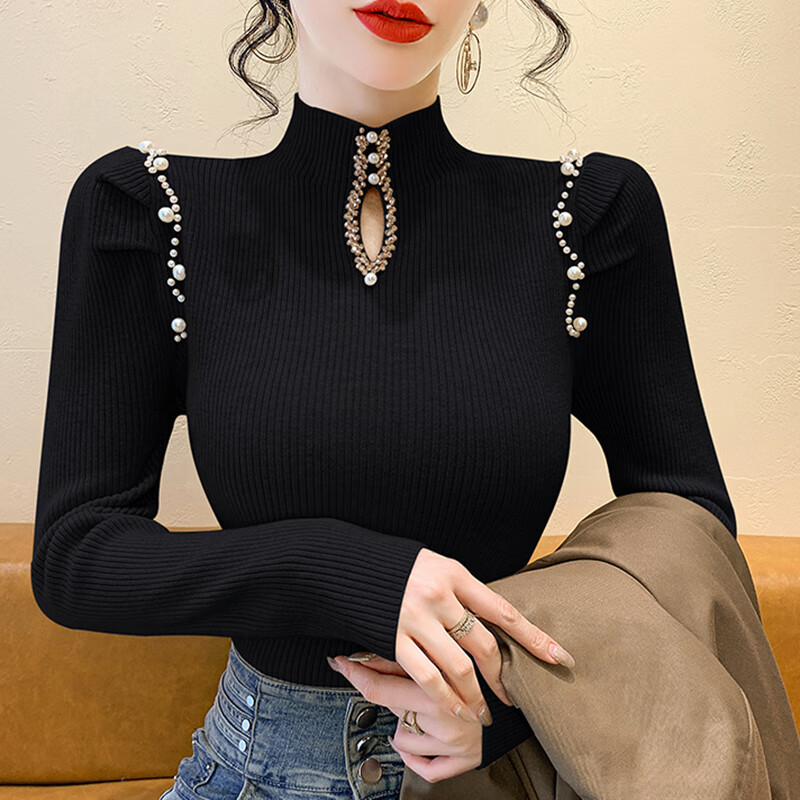 香影纯高级感时尚半高领打底衫女秋装2025新款别致珍珠内搭上衣长袖毛衣 黑色【高品质】 3XL (建议135-150斤)