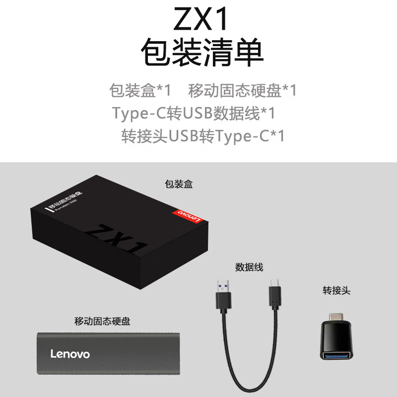 联想Lenovo256GB移动硬盘固态PSSDType-cUSB3.1接口逐星系列ZX1灰色