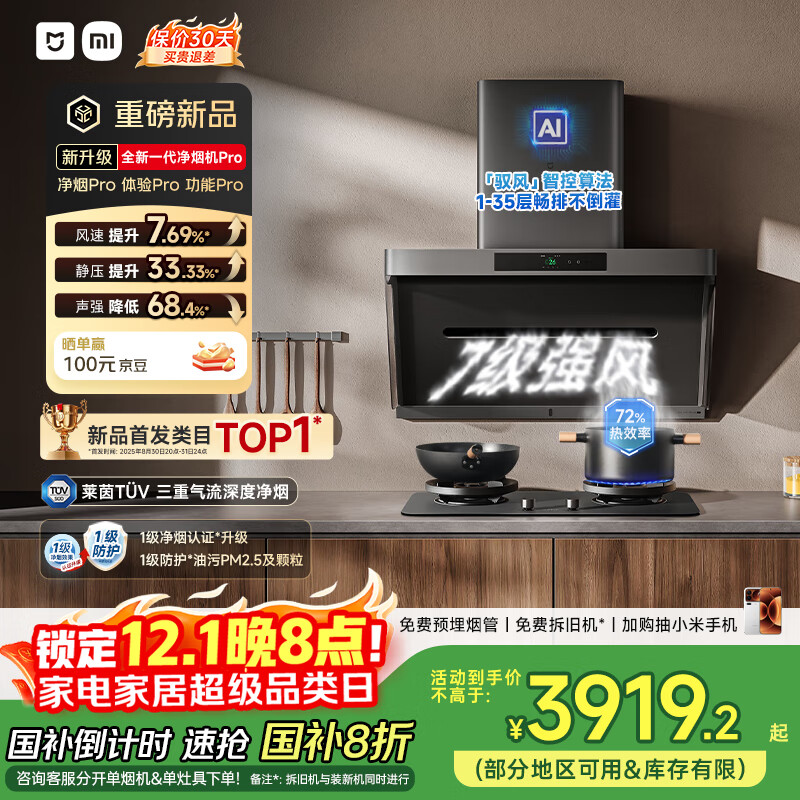 米家小米抽吸油烟机净烟机PRO国家补贴以旧换新大吸力一级能效上门安装【天然气定时套装】免拆洗MJ04C
