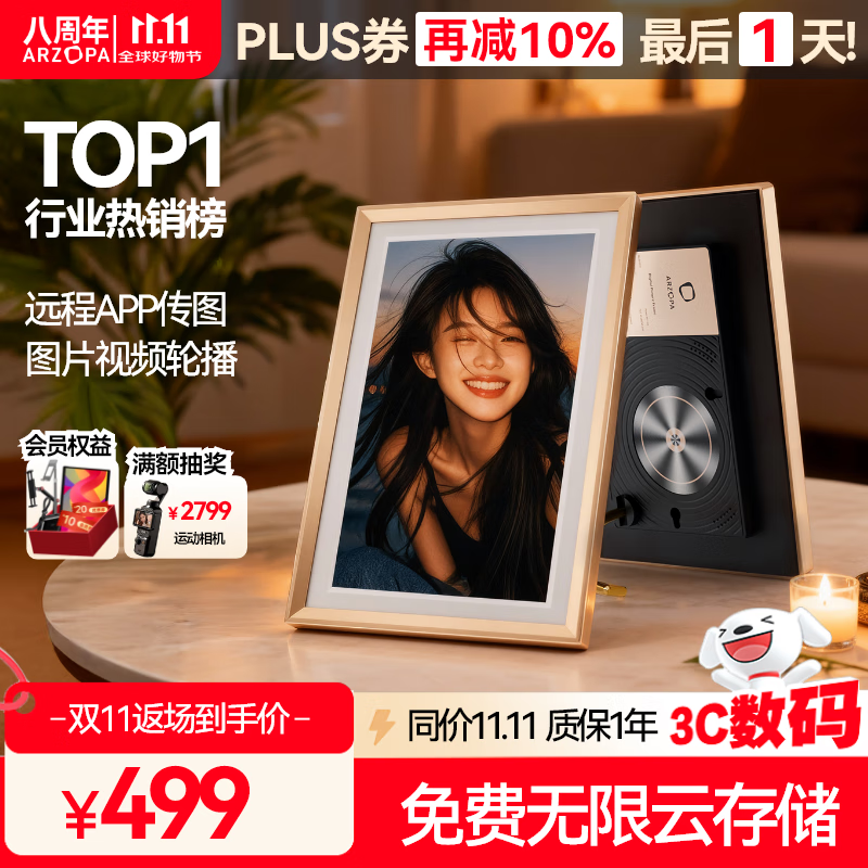 ARZOPA阿卓帕 10.1英寸数码智能云相框 高清电子相册 照片视频触摸播放  端午节礼物 D10香槟金