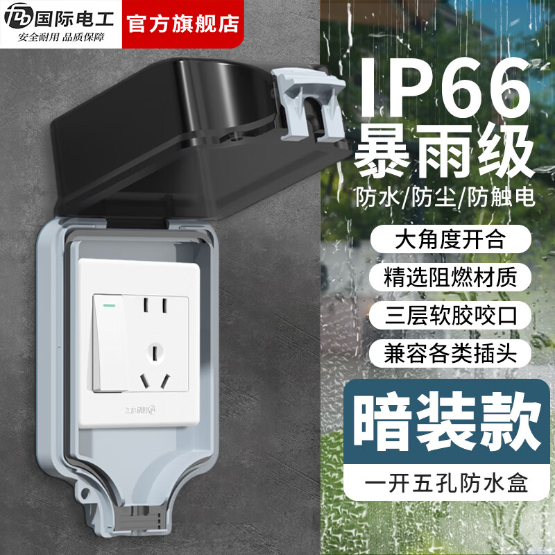 国际电工（FDD）户外防水开关插座浴室电源防水盒明暗装室外IP66防暴雨级别防溅盒 暗装防水盒+一开五孔